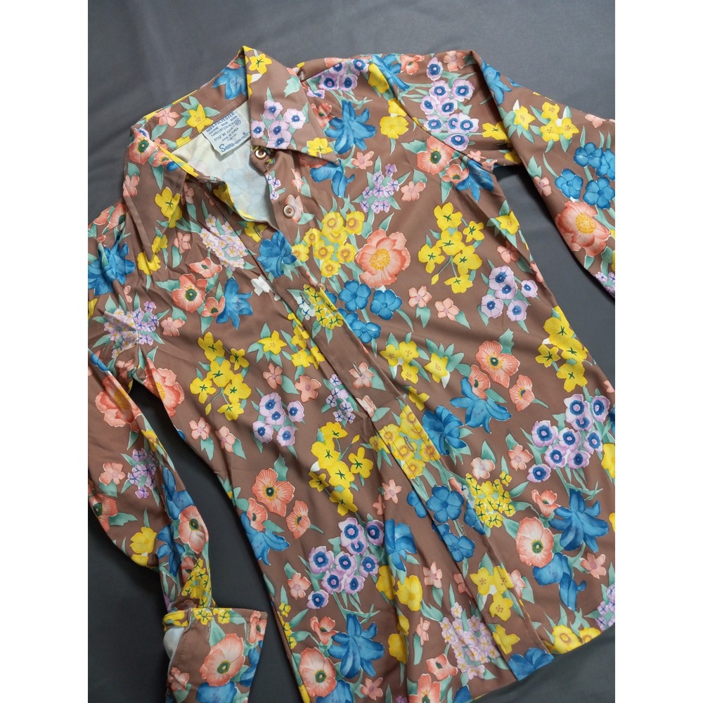 Vintage Sears Perma-Prest Floral Button Down Shirt Brown Blue Yellow 70s Size 12